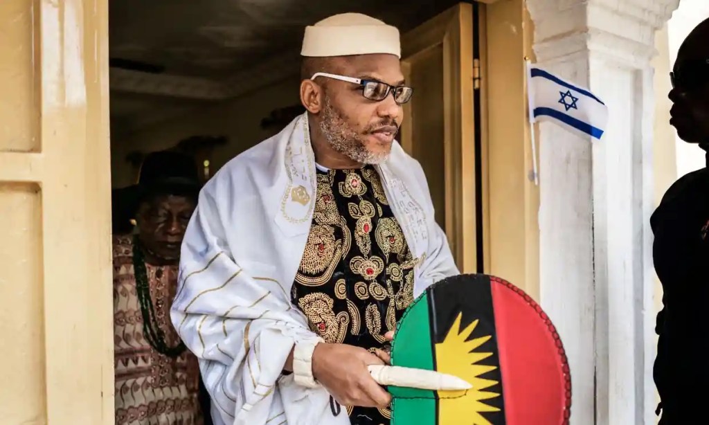 Nnamdi Kanu wearing a Jewish prayer shawl as he left his house in Umuahia, south-east Nigeria, to meet veterans of the Nigerian civil war, in May 2017.
