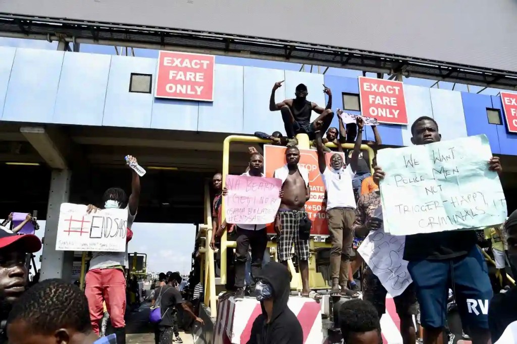 A protest at the Lekki tollgate against police abuses. About 2,000 people took part in demonstrations that blocked one of the main roads into Lagos.